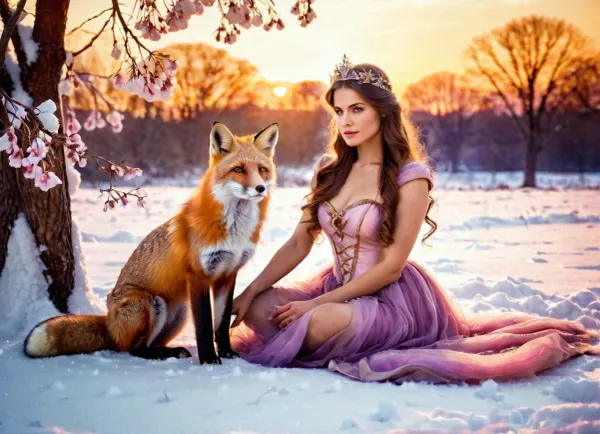 woman, fairy princess sitting on snow leaning on a blossoming tree, fox is, sunset, myst, magical ambience, godrays