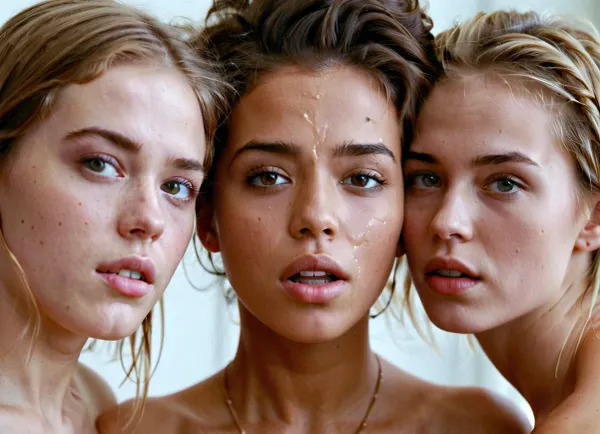 一个长长的深色马尾和穿刺的蓝色眼睛的年轻女子站在镜头前,她的脸在用一只手摩擦阴蒂并用另一只手抚摸她裸体时,令人愉快地弯曲. 她的两个朋友,