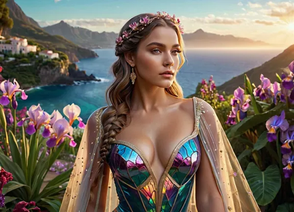 woman, miss, (20 yo), beautiful faces, detailed face, hourglass figure, natural skin texture, hyperrealism, amazing ass, flower petals in the air, braided hair, detailed hair, beautiful eyes, detailed iris, detailed eyes, high quality photo, complementary colours, Breasts cutout clothing, precious gems, tulle cape, ornate shiny body paint, iridescent and luminescent, fluorescent, erotic, breathtaking beauty, pure perfection, sensual, seductive, elegantly, in a flower garden, with fountain, subtropical flowers, heavenly, beautiful lush garden, peaceful, paradise, far view, horizon, ozean, mountains, marvelous, fantastic, warm ambient light, fantasy, dramatic, shadows, nostalgia, rays of the sun, blissful, radiant, clear focus, divine presence, unforgettable, impressive, Three-dimensional light, auras, rays, bright reflections of colors, neon atmosphere, intricate complexity, photorealisticcinematic lighting, a masterpiece of storytelling, neon lights, dim volumetric lighting, 8k octane beautifully detailed render, post-processing, extremely hyper detailed, intricate, realistic