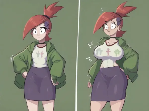 Frankie Farmer, eklenmiş saç ve ponytail ile bir kadın, beyaz bir gömlek ve siyah kolera giyen sahilde yürüyordu. Bir ponytail vardı, eklenmiş gömlek ve midriff maruz kaldı. Elleri onun kalçalarında olduğu gibi