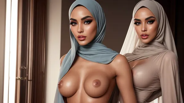 18 year old supermodel, (skinny:1), (full hijab), nude dress, abs, full body view, 8k, ultra hd, tits, thick eyebrows, long eyelashes, (big lips:1.2), girls grabbing ass, <lora:microwaistV05:.5>, (staring in your soul), eye contact