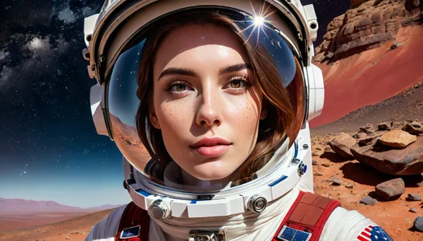 (youthful vibrant woman), (selfie, portrait, face portrait with emphasis on her eyes, close up of face:1.5), (dramatic high contrast rim lighting:1.8), (Scandinavian and Irish features), (photorealistic, photo realistic, photorealism, photo realism:1.5), (4k, 8k, 8k resolution, best quality, ultra quality, highest quality, maximum quality, uncompressed, raw source photograph:1.2), (same color eyes, symmetric eyes, matching eyes, detailed eyes, detailed iris, detailed pupils, limbal ring around iris, perfectly round iris, perfectly round pupils:1.4), (detailed skin, high detailed skin, intricately detailed skin, perfectly detailed skin, high quality skin, highest quality skin, exquisitely textured skin), (intricate clothing, detailed clothing), (microblade eyebrows, perfectly manicured eyebrows), (flushed cheeks, flushed neck, blushing cheeks, blushing neck), (her wide strong jaw highlights her powerful jawline, high cheekbones, sharp cheekbones, faint vellus hairs), (upturned button nose, delicate nose), (long messy windblown hair hangs loose hair framing her face, glowing blonde hair with dark roots:1.1), (big eyes, wide eyes, doe eyes, slightly wide set eyes), (striking eyes, captivating eyes, mesmerizing eyes, glittering eyes, Fae eyes), (pale light green eyes with golden flecks), (large natural soft breasts, high breasts), (athletic body, sporty body, lean body, fit body), (relaxed posture, casual pose, casual outfit, casual attire, casual underwear), (she's in love, adoring gaze, loving expressing, adoring expression, joyous, joyful, pleased), (girlfriend, girlfriend material, girlfriend experience), (pale skin, cute tall tall freckled cheeks and nose, noticeable freckles, sun kissed nose), (facing directly into camera, head tilted slightly forwards), (wearing an astronaut outfit:1.5), (walking on the surface of Mars, barren red rock desert with boulders and cliffs, enclosed glass astronaut bubble helmet:1.5), (starry black night sky, black sky, night sky:1.8), (red dusty air, red dust storm:1.5), (plants:-2), (a colorful alien moon with rings looms in the sky), (low angle photo looking up)