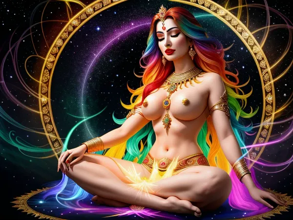 Uzun akan saçlara sahip bir kadın, çok renkli bir şafağa bürünmüş ve ışıklı bir gölge ile çevrilir, bacaklarıyla duada kraliyet ethereal translucent robs. Kafası çok renkli