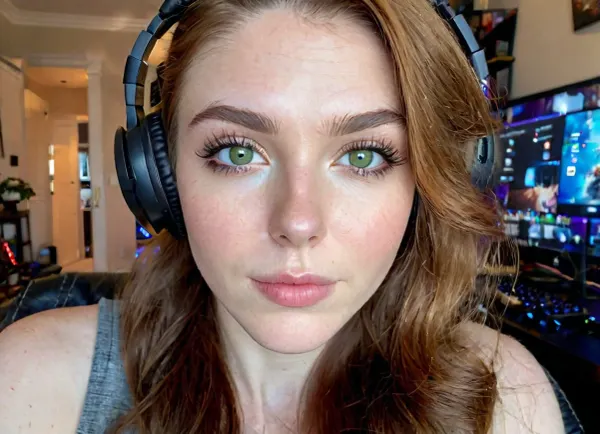 Uma mulher deslumbrante com um rosto de pixie, sardas, maçãs do rosto altas, e um rosto de pixie é o assunto desta foto. Ela tem cabelo longo que cascata para baixo em ondas soltas e seios grandes com nipp perky