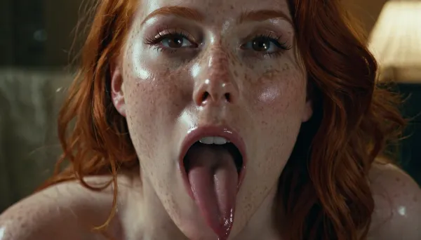 Sexy redhead, ahegao, very long demonic tongue, freckles, coverd with cum, bukkake