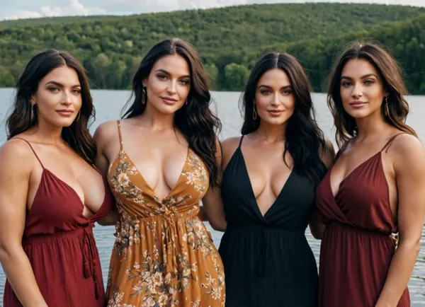 Photo of a pretty woman with beautiful eyes, ((Nikon Z8)), realistic matte skin, skin texture visible, (sharp focus), (high quality), (face visible), ((Detailed Face and Eyes)), woman, 30 years old, ((Stocky Body)), ((Multiple Supermodel Women)), ((busty)), ((jet black colour hair)), ((tousled hair)), full body, Seductive look, Smile, ((a group of multiple women standing next to each other)), (meadow by in a lake), ((Boho Sundress)), <lora:shredded woman:.6>, <lora:chest_adjust:.7>, <lora:add-detail-xl:.8>, <lora:DetailedEyes_V3:.5>