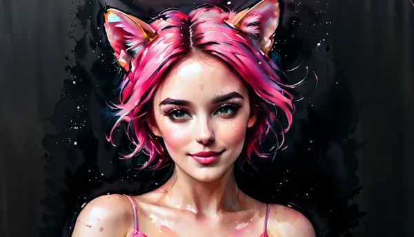 (21 Year old woman), (soft focus, perfect lighting, Summer, Warm light, professional photography, Instagram model), (ultra realistic, realistic, photorealistic, photo realistic, photorealism, photo realism), (maximum quality, ultra-detailed, insanely detailed, highly detailed, high quality, uncompressed, raw source photograph), (highly detailed eyes, high resolution eyes, high quality eyes, highly detailed skin, detailed skin texture, highly detailed hair), (striking eyes, captivating eyes, mesmerizing eyes, glittering eyes, Fae eyes), (same color eyes, symmetric eyes, matching eyes, detailed eyes, detailed iris, detailed pupils, limbal ring around iris, perfectly round iris, perfectly round pupils), (Fit body, toned body, athletic body), (soft breasts, high breasts, large natural breasts), (flushed face, flushed cheeks, rosy cheeks, flushed neck, flushed chest), (sharp cheekbones, narrow jaw, delicate jawline, sharp chin), (sweaty, sweaty skin, oiled up), (pale skin, sharp tan lines), (freckles on face, freckles, noticeable freckles, faint vellus hairs), (spunky attitude, feisty attitude, high energy, feline energy), (girlfriend, girlfriend material, girlfriend experience), (pink hair, bob cut hair, messy hair, pixie haircut), (pink cat ears, uwu smile, grinning like a cat:1.2), (cute tall sheer chiffon chemise:1.2), Colorsplash, <lora:SDXLPaintSplash:1.6>