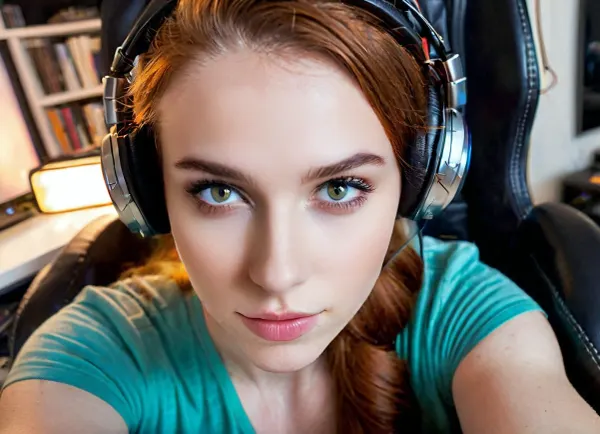 Pixie yüzü olan kadın, yüksek yanak kemikler, dar çene ve freckles aşkta ve yüz ifadelerini kullanarak neşeli duygular ifade ediyor