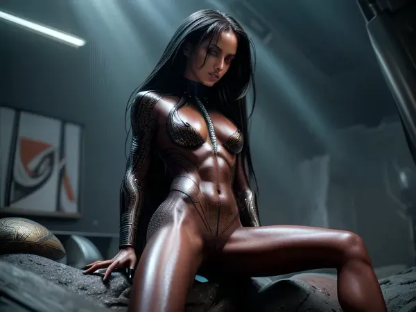 Une jeune femme se tient sur la plage, ses cheveux soufflent dans le vent. Elle est nue, sauf pour un petit bikini qui couvre à peine son corps. Sa peau est lisse et parfaite, avec un bronzage léger qui brille au soleil. Ses mouvements