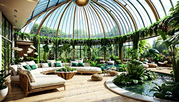 El texto generado por AI describe un diseño interior futurista con IA de alta resolución, generando y detallada arquitectura fotorealista fotorrealista 4D. La foto representa un espacio abierto con materiales naturales, como madera y vidrio. Características de la composición