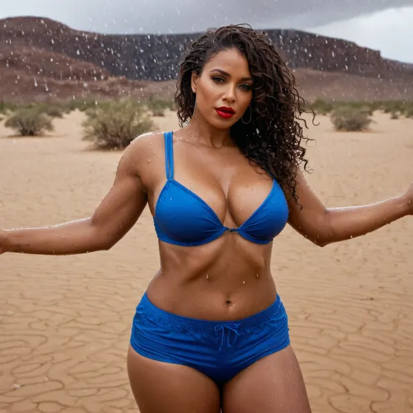 woman, ebony Woman, 40 years old, (brown skin:1.4), oval face, perfekt face, noise, heart-shaped lips, Red lipstick, (Tall:1), 60m, 80kg, shoulder lenght Hair, black, curly, oiled hair, (Chubby body:1.4), beautyfull, sexy., ((Raining in the Desert Background)), Full body photo, HDR, perfekt photo, very realistic photo, perfekt range, perfekt contrast, high detailled face, high Detail. Dancing in the rain, wet body, wet hair, w3t, wet, tshirt