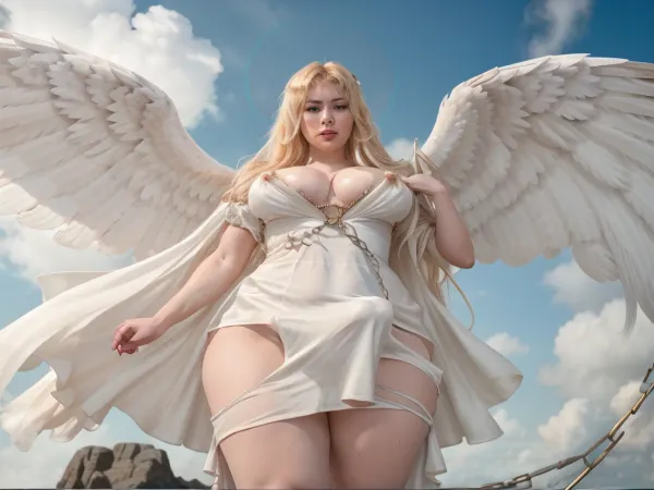 A beautiful pale-skinned blond angel holding a chain, kind expression, surrounded by clouds, masterpiece, futanari, zfuta, dickgirl, large penis, ((long white silk dress)), perfect body, large breasts, thick thighs, POV from below, looking at viewer, has_wings, angel_wings, very large white feather wings, <lora:has_wings:.2>, viewer on gold chain, <lora:viewer on leash 6:.9>, landing_wings, <lora:landing_wings:.5>, penisunderclothes, <lora:penisUnderClothes-08:.7>, dick bulge, dress bulge, vpl, <lora:hardvpl:.8>, skirt, cloth, bulge, <lora:cloth-bulge:.7>