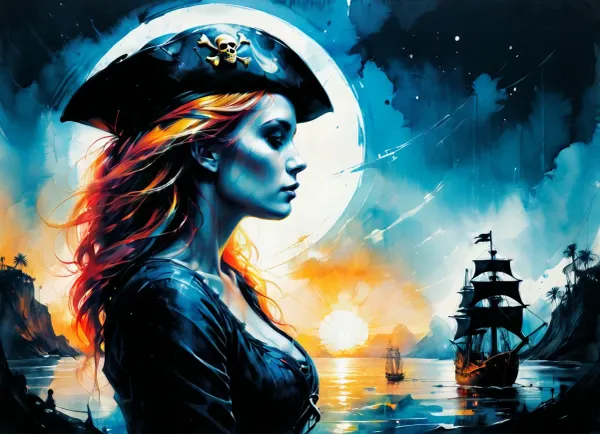 (Double exposure effect:1.4), of, (shapely female pirate:1.2), (silhouette:1.1), superimposed against pirate adventure, by Dan Mountford, by Dan Hillier, , (deep blues and sunny golds), high contrast, negative space, photoillustration, dreamlike
golden hair

Colorsplash, <lora:SDXLPaintSplash:1>