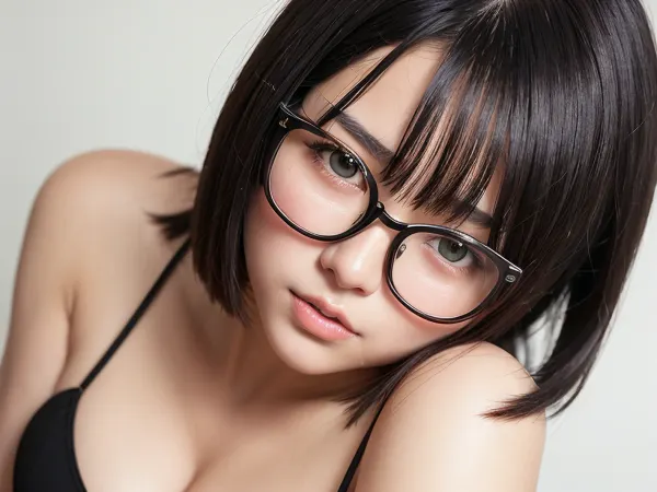 La giovane ragazza asiatica con lenti rotonde e bob hairstyle indossava una splendida vista verde, dimples e un sorriso sexy. Indossava una foto-realistica zydG sul naso