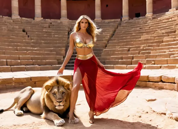 Emma Starr, a 60-year-old granny, stood on the sand wearing a crimson transparent skirt and a lion she spread her legs to expose herself. She was ready to attack the lion for him