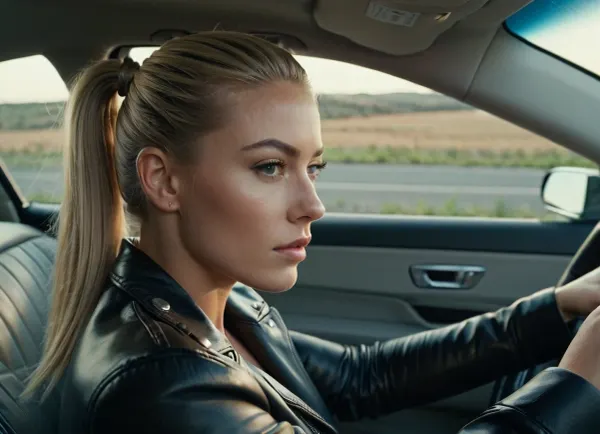Une jeune femme aux cheveux blonds léchés tiré en arrière dans une queue de cheval portant une veste en cuir passe dans une voiture argentée, montrant ses mains parfaites
