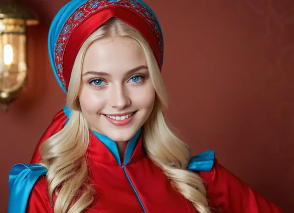 Девушка на фото - национальный русский наряд, с тонким телом и красивым лицом. У нее светлые светлые волосы, которые падают вокруг ее плеч, и голубые глаза, которые искрят со счастьем. Ее наряд - национальный русский наряд, который она носит