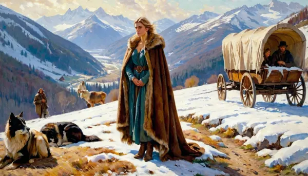 Un hombre y una mujer estaban frente a un enorme carro cubierto, montañas, pintura de Daniel F Gerhartz, acuarela. Estaban frente a un montón de trapos, pelts, restos de un vestido largo y botas. El hombre