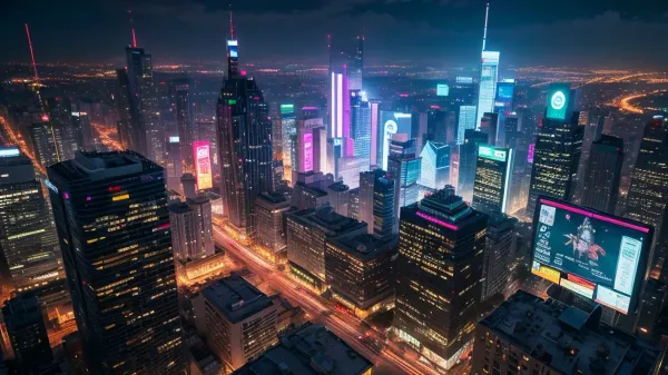Ultra-high quality, 4k brilliant picture, Ultra-detailed, hyper realistic, best quality, ((ultra wide angle, bird view)), in style of the game „cyberpunk 2077“, female hacker, (right part of the picture), rainbow colored hair, long messy wavy hairstyle, white netrunner suit, neon pink parts, partially nude, standing on the roof, holographic „hacking“ lines, in background, {big city, cybercity, giant holographic ads, ambient neon lights, } rainy night, dark ambiente, (bokeh)