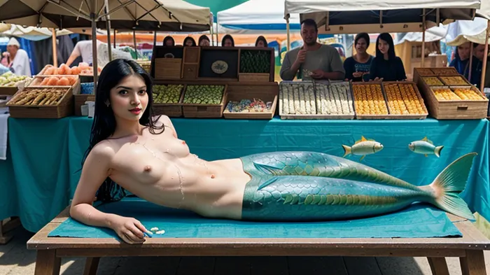 In una piccola sala rituale, circondata da pesci, una bella sirena tamil poggia sulla schiena. Il suo corpo sottile era ricoperto di squame verdi e blu, e la sua lunga coda sgorgava dolcemente nell'acqua. Aveva due seni perfettamente tondi