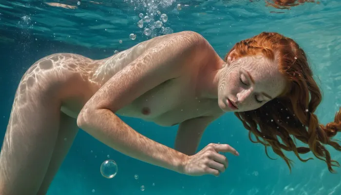 Una joven con patas largas y pecas estaba buceando bajo el agua en la pintoresca campiña holandesa, su cabello trenzado en dos coletas y un bikini rojo mostrando sus curvas. Se sentía libre y viva bajo el agua