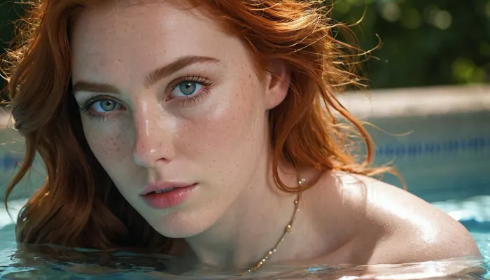 高解像度の目、完全に丸いアイリス、高度に詳細な瞳孔、目を引く、および魅惑的な目を持つ21歳の女性の驚くべきAI生成写真。 非常に詳細なニプルも表示