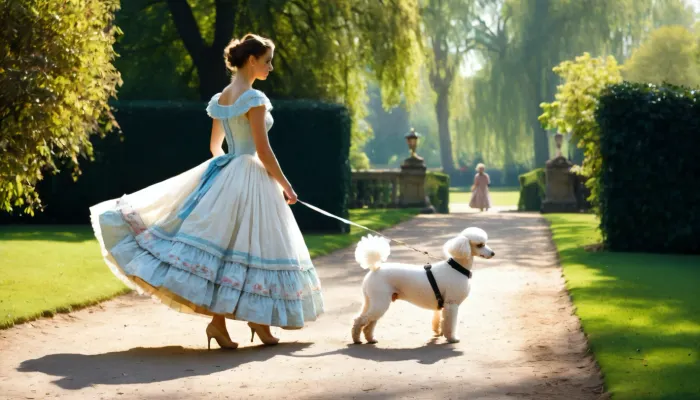 В живописном Городском парке женщина в кринолиновом платье с съемным бодом и маленькой собакой ходила с небольшой белой пудочкой. Длина платья почти до земли, в моде зрелого романтизма