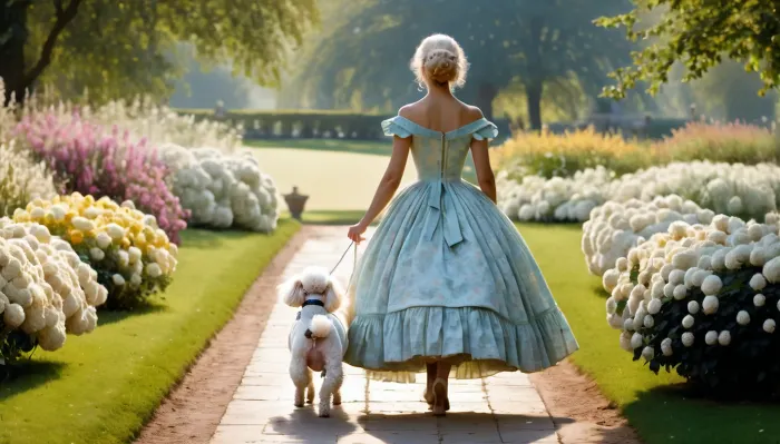In the picturesque City Park, a lady in a crinoline dress with removable bodice and short length almost to the ground was seen walking with her dog. The dog was wearing a fashionable white poodle coat, which complemented the lady