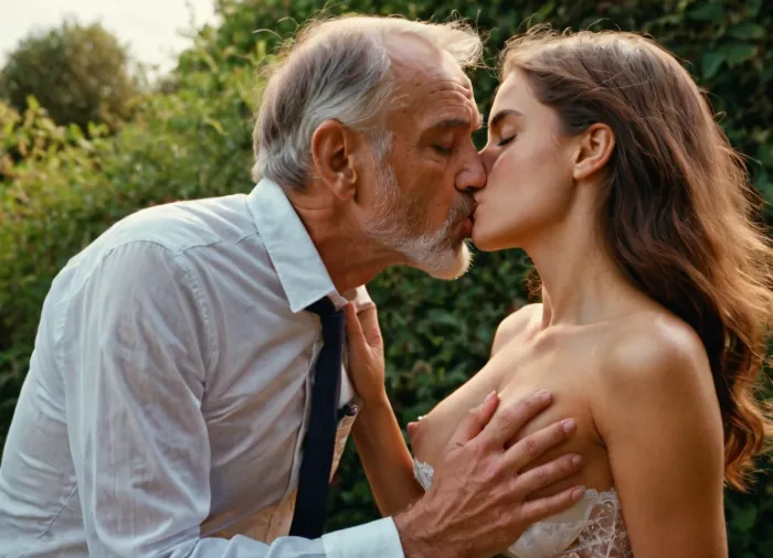 65-years-old man-professor is grabbing the breasts with both hands, (man grabbing breasts:1.3), of a slender 23-years-old french gill student, (tanned skin and small boobs), wearing a tulles and laces shirt and french kissing her, (french kiss:1.3), full body view, hyperrealism, sharp, ultra detailed, sharp focus, best quality, masterpiece, intricate details, hyperrealistic, natural skin texture