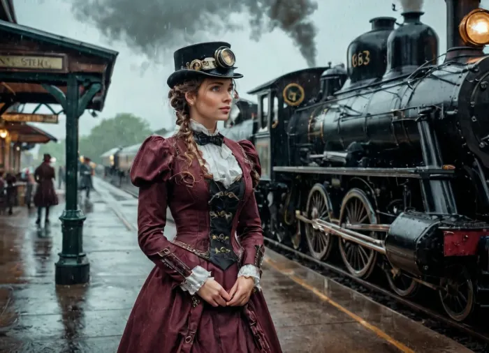 La fille dans la robe de style victorien se tenait autour, attendant que le train s'arrête