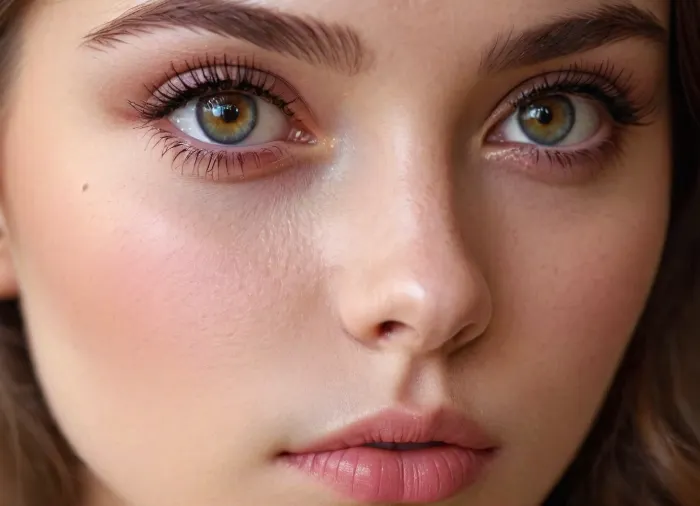 Uma menina de olhos bonitos e fechados com pestanas longas, blush e lábios macios é a imagem perfeita de uma imagem fotorealista gerada pela IA. Ela tem perfeitas imperfeições de pele e pele natural, o que a faz parecer impecável. Ela..