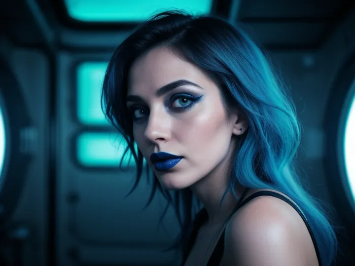woman, 30-years old, cute face, pale skin, long messy blue hair, latex outfit, small firm breasts, big eyes, light blue eyes, (full lips:1.4), (blue lipstick:1.3), scared face, blue makeup, inside spaceship, dark light, spread legs, (breasts visible:1.5), (transparent clothing:1.1), (view from under:1.2), (view from side:1.3)