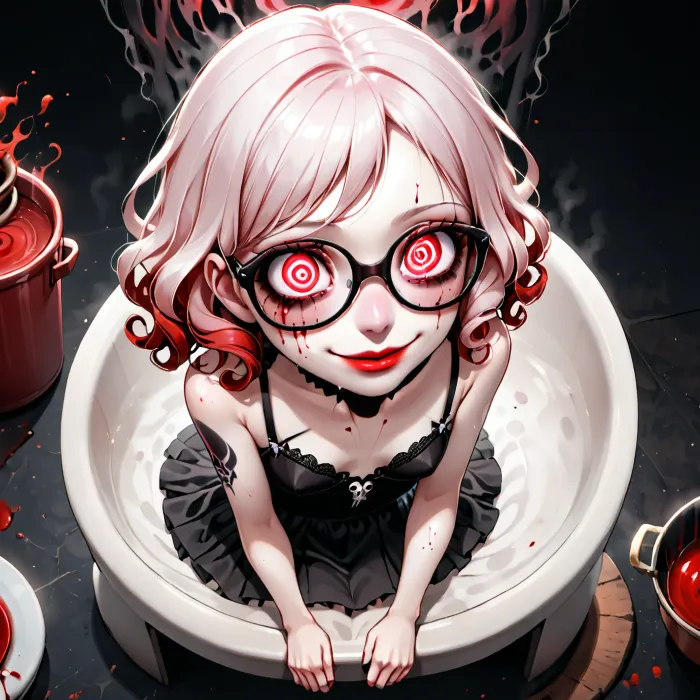 1girl, solo, glasses, red curly hair, crazy, smile, medium tits, skinny, black lingerie, tan, kitchen, sitting, (((from above))), from side, petite, ((blood, horror)), cold, noticed you, ghost pose, dirty, void, dynamic, garter belt, black background, pot, skull, tattoo, lips, alchemy, glowing jars, witch