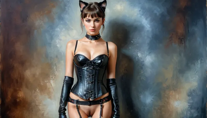 Una giovane donna con lunghi capelli scuri e orecchie di gatto, indossando un corsetto, cintura di garter e guanti, posato in un ambiente di studio. È stata la vincitrice di un concorso di pittura su tela con una tavolozza di colori ad alto contrasto e texture dettagliate