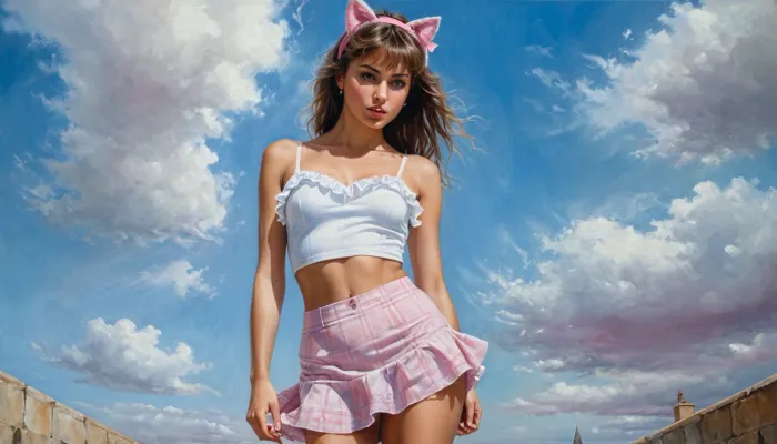 Resimdeki genç kadın tuval kıyafeti üzerinde tam bir yağ giyiyor, figürünü ve eğrilerini gösteriyor. Saçları bir havadarrush soyut bir şekilde dekore edilir, oyuna ve viskilere eklenir. Kadın ifadesidir