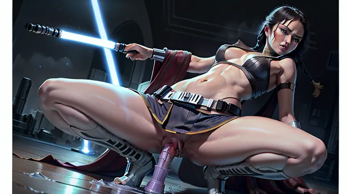 The Jedi Outfit was tight-fitting, revealing her curves and making her feel powerful. She wielded a lightsaber in one hand, while the other held a dildo that was vibrating inside her pussy. Her eyes were closed as she rode