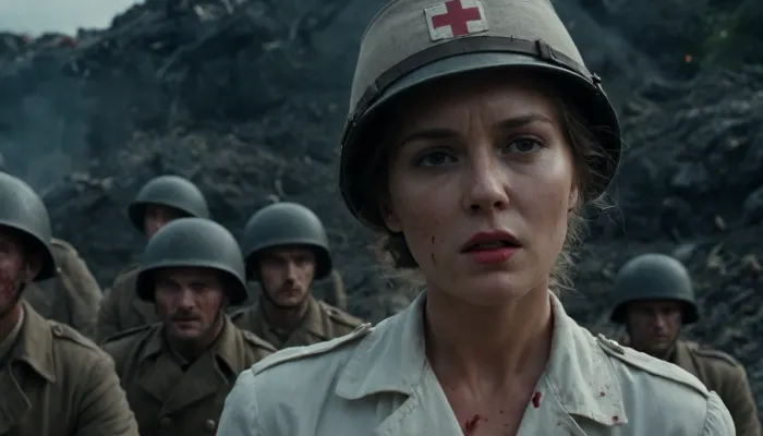 L'infermiera in una maglietta bianca e bracciale sulla manica ha attraversato le trincee, il suo volto illuminato dai flash delle esplosioni di artiglieria. Portava in mano un'immagine insanguinata, e i suoi occhi erano fissi sull'oscurità davanti