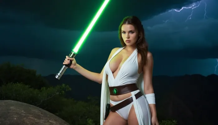 La IA generó una foto de alta resolución de un Jedi blanco uniforme sexy, luz verde en la mano, vista del cuerpo completo desde la parte superior. La foto fue tomada en una luz oscura con fuertes truenos en el fondo. La chica tenía cara redonda,