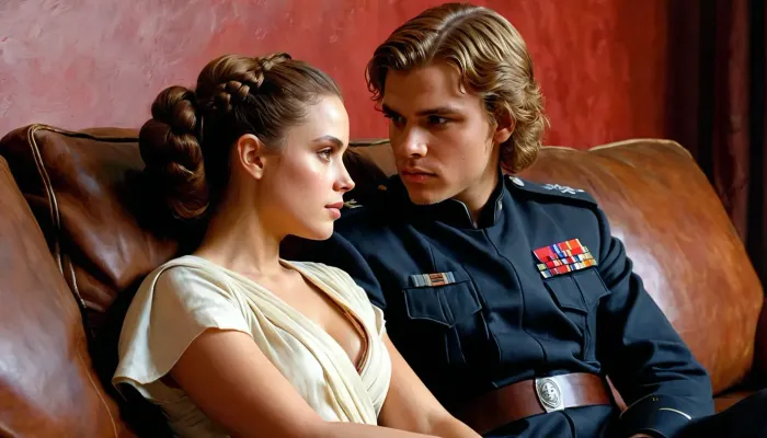 Anakin y Padme están sentados juntos en el sofá, mirando el uno al otro con amor. Están ambos en el uniforme militar de la Alianza, que está hecho de cuero de alta calidad. La pintura de Daniel Gerhartz captura su esencia perfectamente