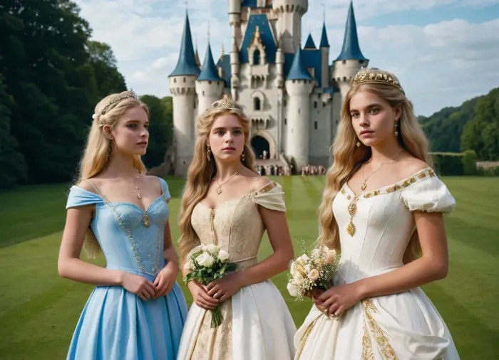 La princesse était grande et fière, ses cheveux dorés coulant dans le vent. Elle portait une robe blanche majestueuse avec une broderie complexe et un pendentif massif qui brillait au soleil. Ses filles étaient habillées de robes assorties, chacune avec un