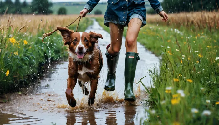 Una imagen de una chica y su perro saltando en charcos mientras usa botas de goma es un gran ejemplo de las tomas de acción dinámicas que se pueden generar con AI. El primer plano de la cara de la chica muestra su emoción y energía como ella