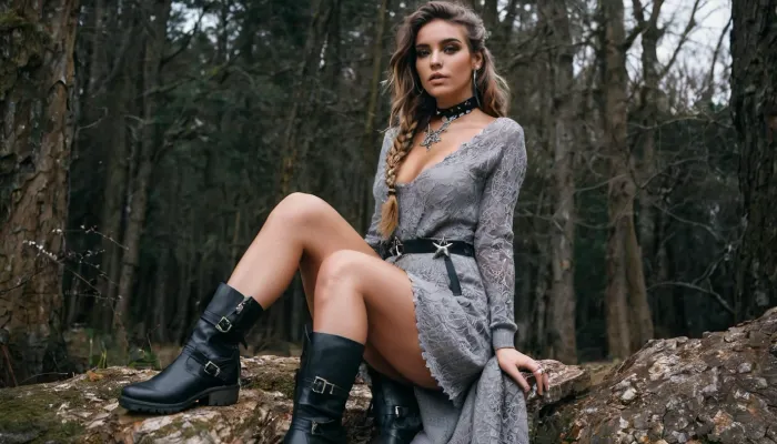 The woman in the photo is wearing a bohemian loose-braided hair style, with chunky snow-boots and a seductive full length portrait hanging beneath her dress hem. She is wearing an asymmetrical windblown brunette