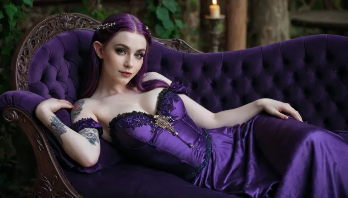 elven Woman, elf, 18 years old, pale skin, makeup, lusty smile, freckles, purple hair, long hair, big breasts, gothic dress, tattoo on shoulder, laying on chaise longue