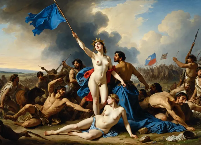 Eine Topless Frau, die eine BLUE-Flagge hält, zog blaues Kleid, stand auf einem Haufen von Körpern in der Mitte eines mittelalterlichen Schlachtfeldes. Die Szene befindet sich inmitten eines mittelalterlichen Schlachtfeldes