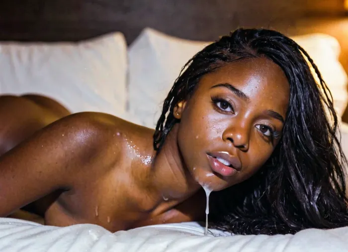 Una linda chica de ébano está acostada en la cama, cubierta de esperma, con un cubo lleno de ella derramando sobre su cuerpo y cara. La imagen es sexy y erótica, con el cuerpo de la chica brillando en la luz