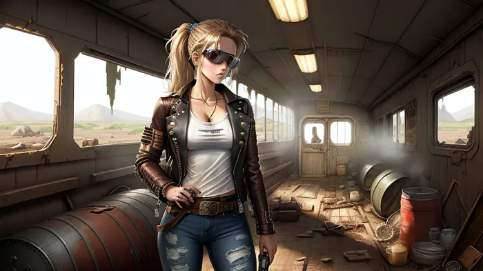一个穿着破旧的皮夹克和破旧牛仔裤的蒸汽女孩,一只手拿着一把古老的手枪,一个小乳房,每步一动,走过被尘埃覆盖的不毛之地. 尽管她看起来很强壮