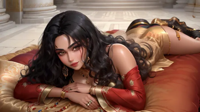 A young woman with darkly tanned skin and voluminous wavy black hair, wearing a colorful exotic dress, laying on cushions in a middle-eastern palace, smiling playfully while wearing lots of jewelry