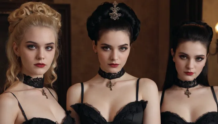 Quatre superbes prostituées goth pâle et courtisanes rivalisent pour votre attention avec un éclairage volumétrique subtil, un visage réaliste détaillé élevé et une pose naturelle