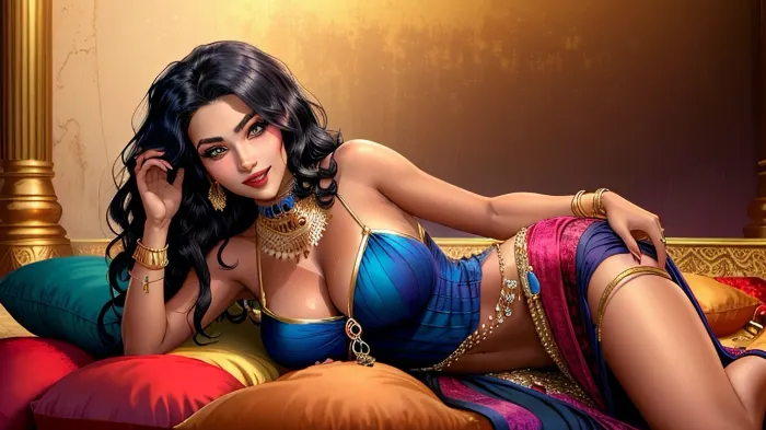 The young woman, with her voluminous wavy black hair and darkly tanned skin, was wearing a colorful exotic dress. She was laying on cushions in a middle-eastern palace, smiling playfully at the camera