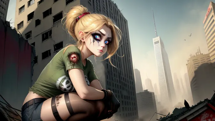 AI的细小的目光集中在曾经美丽的城市的废墟上. 金马尾在风中摇晃 当她扫描了这个区域 任何生命迹象。 忽然,她发现一个破烂的脸 偷看出来